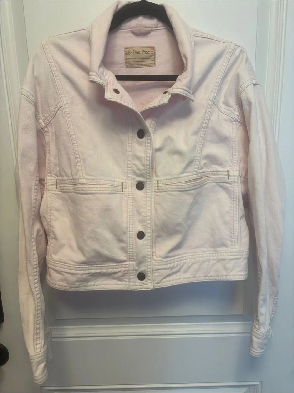 Free People Pale Pink Cropped Denim Jacket - Picture 1 of 9